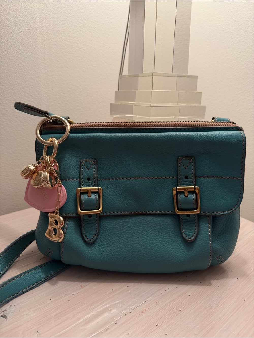 Y2K Fossil Teal Leather Crossbody Bag with Gold Accents